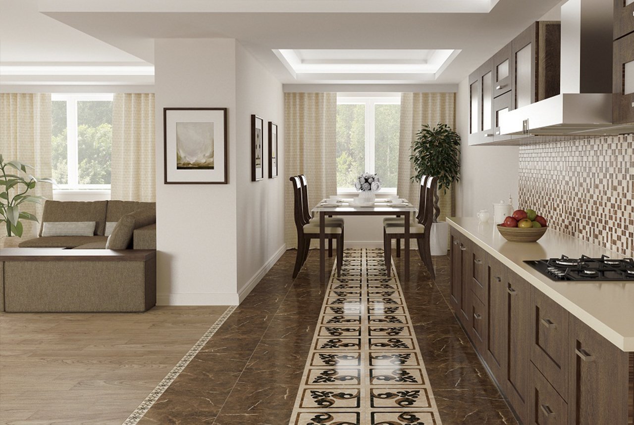 Керамогранит для пола в кухне-гостиной